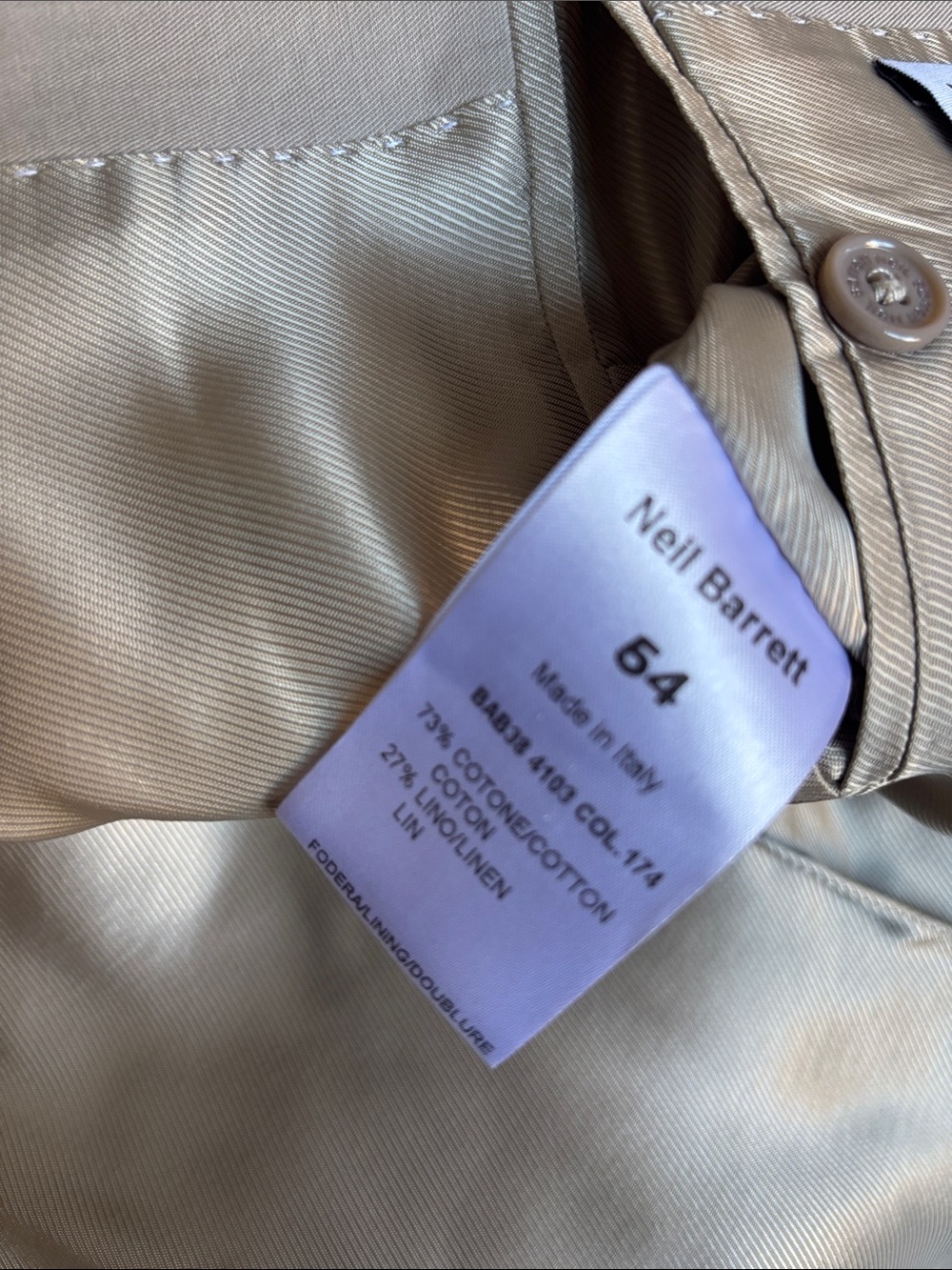 Neil Barrett Men's 5-pocket Khaki Blazer - Classic Single-Breasted Jacket - Picture 6 of 6